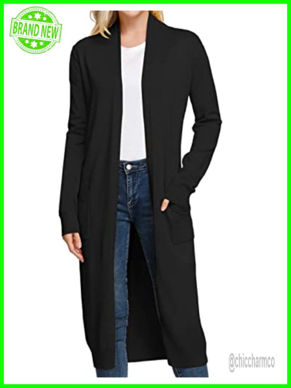 Open Front Long Knitted Maxi Cardigan Sweater with Pockets